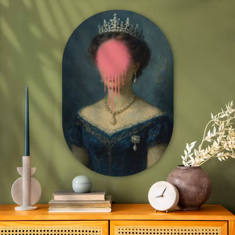 Kroon - Roze druipend verf - Portret Wandcirkel Ovaal Glas middel -sfeer2