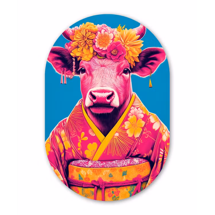 Koe - Bloemenkrans - Oorhangers - Kimono Wandcirkel Ovaal Glas middel -3d