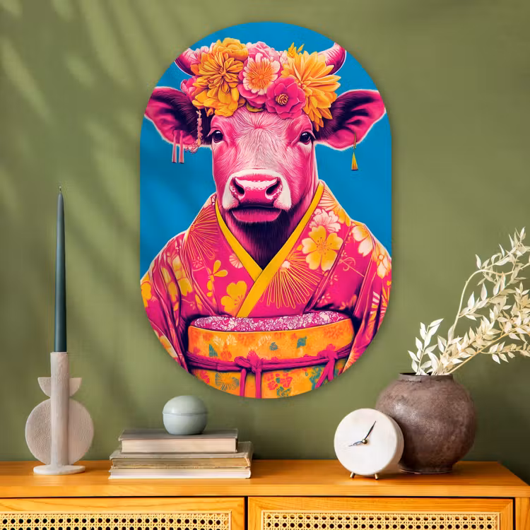 Koe - Bloemenkrans - Oorhangers - Kimono Wandcirkel Ovaal Glas middel -sfeer2