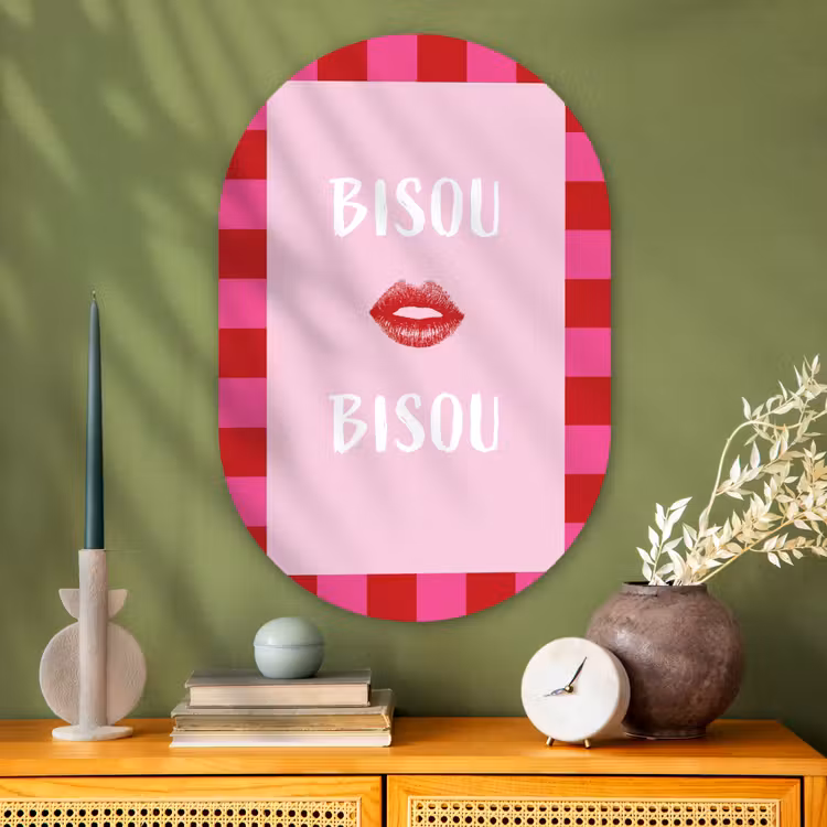 Kiss - Roze - Frans - Valentijn Wandcirkel Ovaal Glas middel -sfeer2