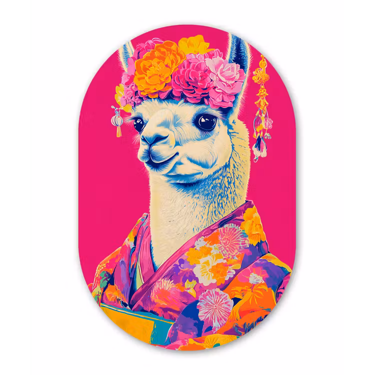 Lama - Kimono - Bloemenkrans - Felroze Wandcirkel Ovaal Glas middel -3d