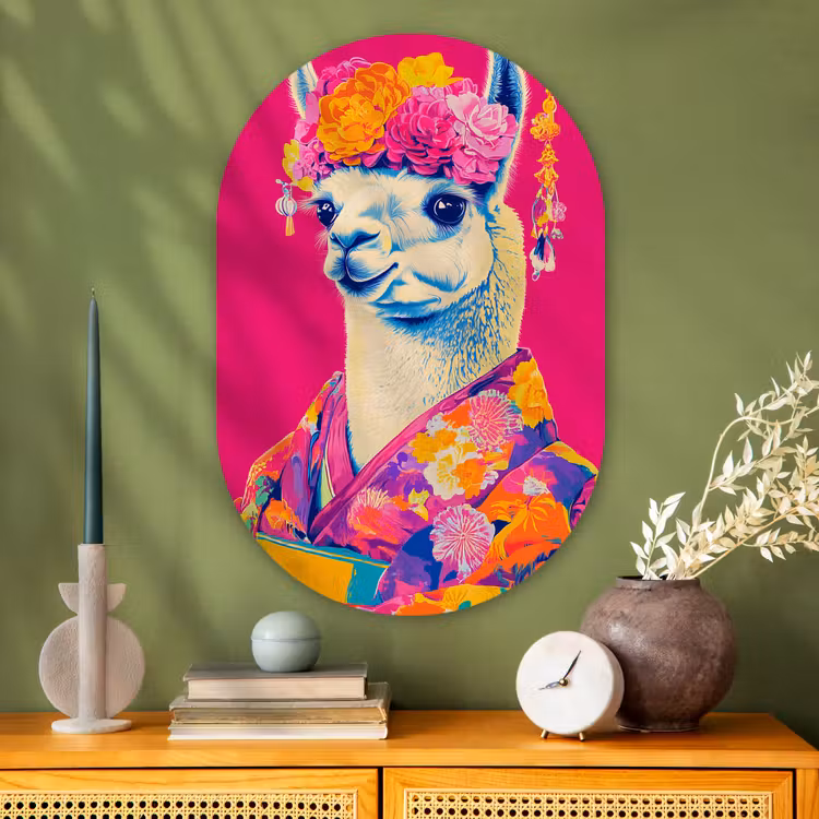 Lama - Kimono - Bloemenkrans - Felroze Wandcirkel Ovaal Glas middel -sfeer2
