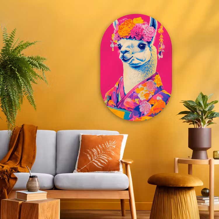 Lama - Kimono - Bloemenkrans - Felroze Wandcirkel Ovaal Glas middel -sfeer4