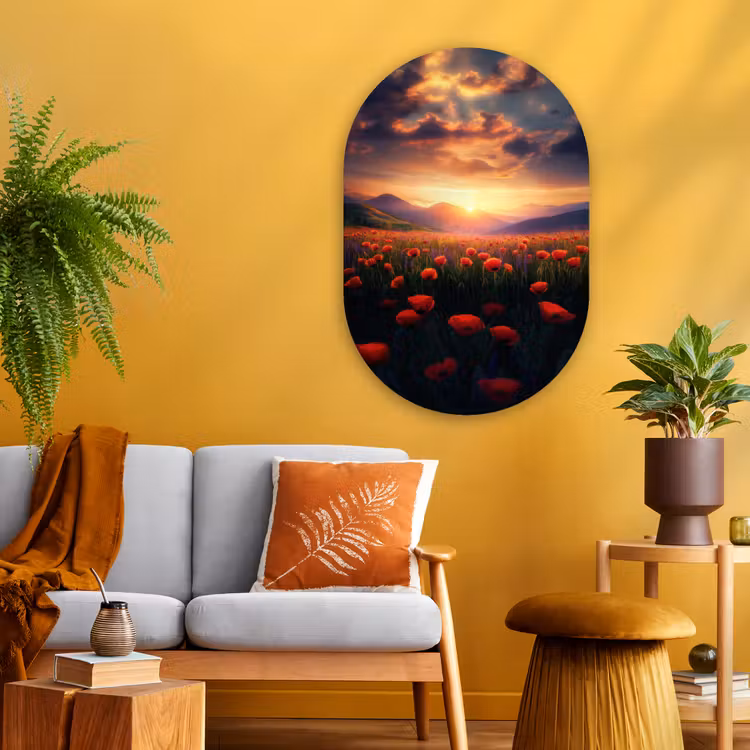 Landschap - Zonsondergang - Bloemenveld Wandcirkel Ovaal Glas middel -sfeer4