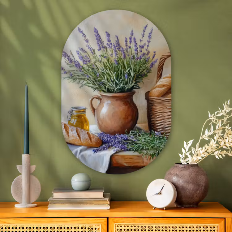 Lavendel - Brood - Stilleven Wandcirkel Ovaal Glas middel -sfeer2