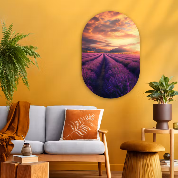 Lavendelveld - Zonsondergang - Paars Wandcirkel Ovaal Glas middel -sfeer4