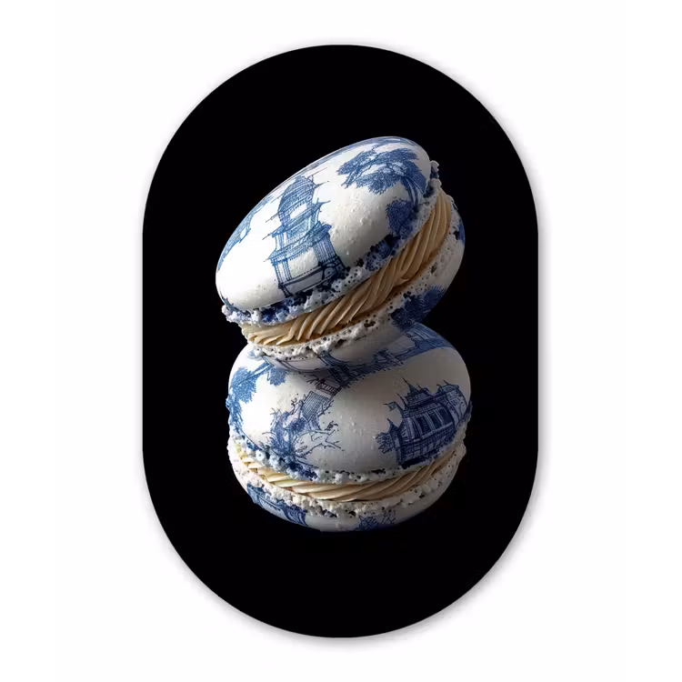 Eten - Macarons - Delfts blauw - Koekjes Wandcirkel Ovaal Glas middel -3d