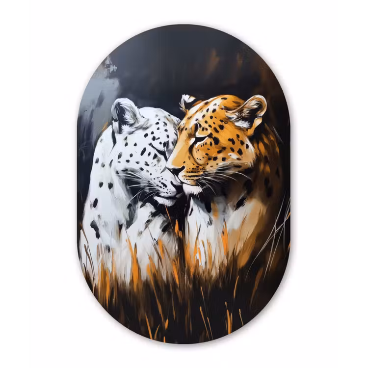 Luipaard - Oranje - Wit - Gras Wandcirkel Ovaal Glas middel -3d