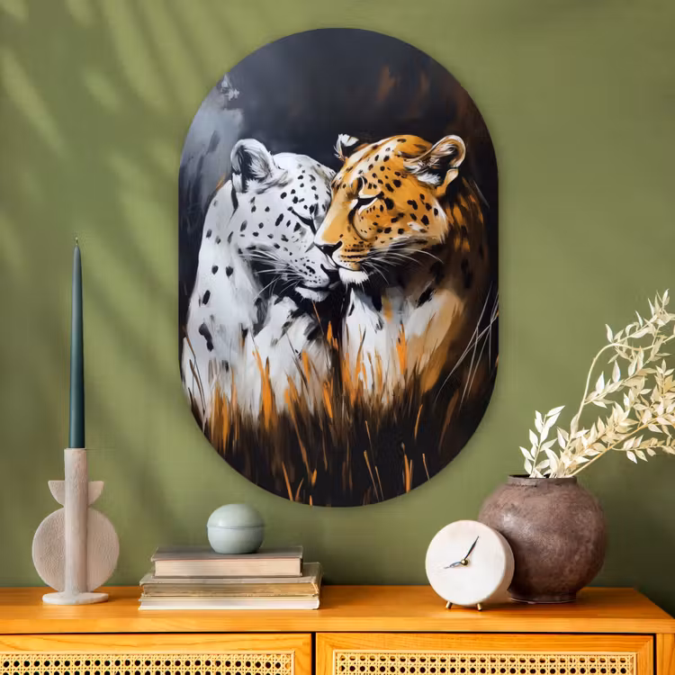 Luipaard - Oranje - Wit - Gras Wandcirkel Ovaal Glas middel -sfeer2