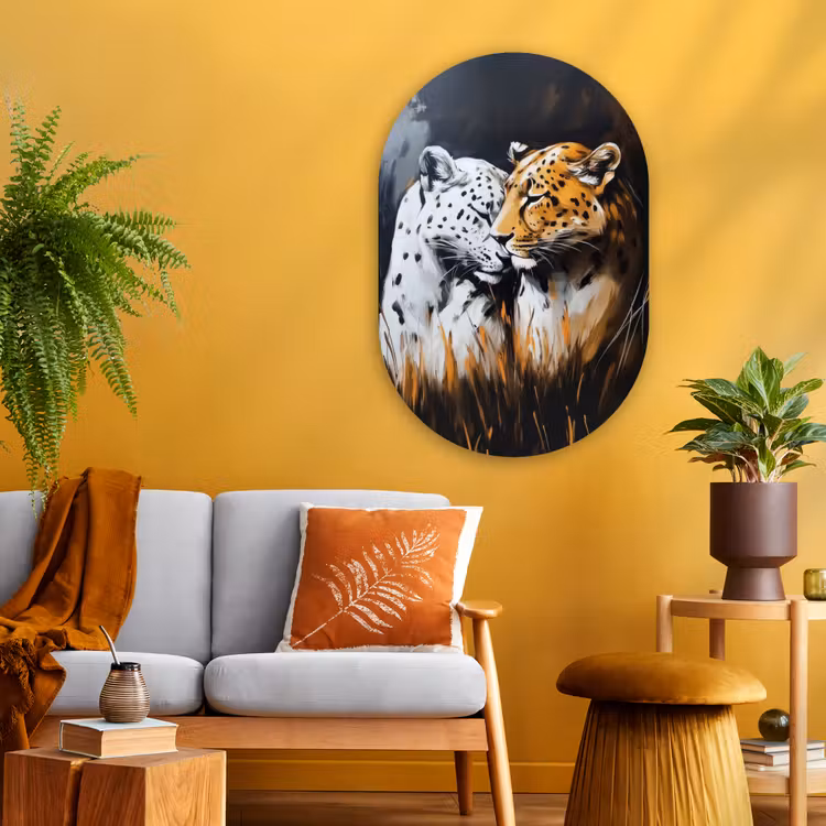 Luipaard - Oranje - Wit - Gras Wandcirkel Ovaal Glas middel -sfeer4