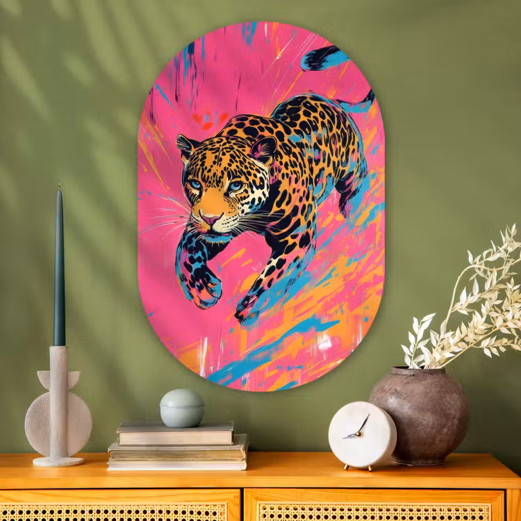 Luipaard - Roze - Oranje - Blauw - Verf Wandcirkel Ovaal Glas middel -sfeer2
