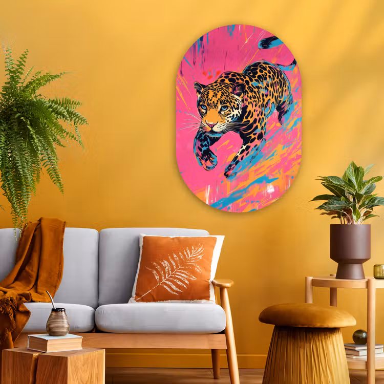 Luipaard - Roze - Oranje - Blauw - Verf Wandcirkel Ovaal Glas middel -sfeer4