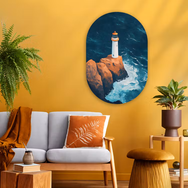 Vuurtoren - Rots - Zee - Golven Wandcirkel Ovaal Glas middel -sfeer4