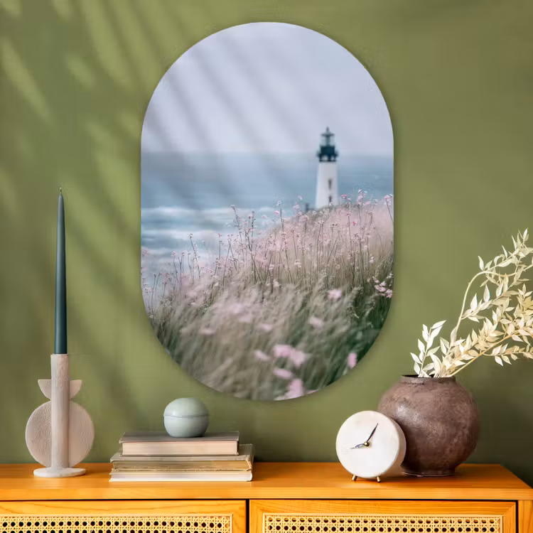 Vuurtoren - Klif - Zee - Bloemen Wandcirkel Ovaal Glas middel -sfeer2