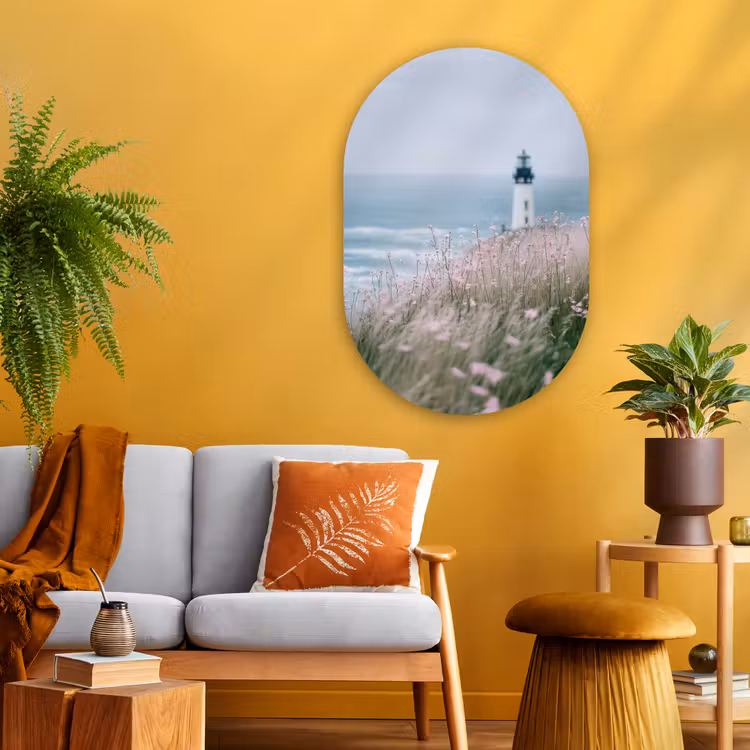 Vuurtoren - Klif - Zee - Bloemen Wandcirkel Ovaal Glas middel -sfeer4