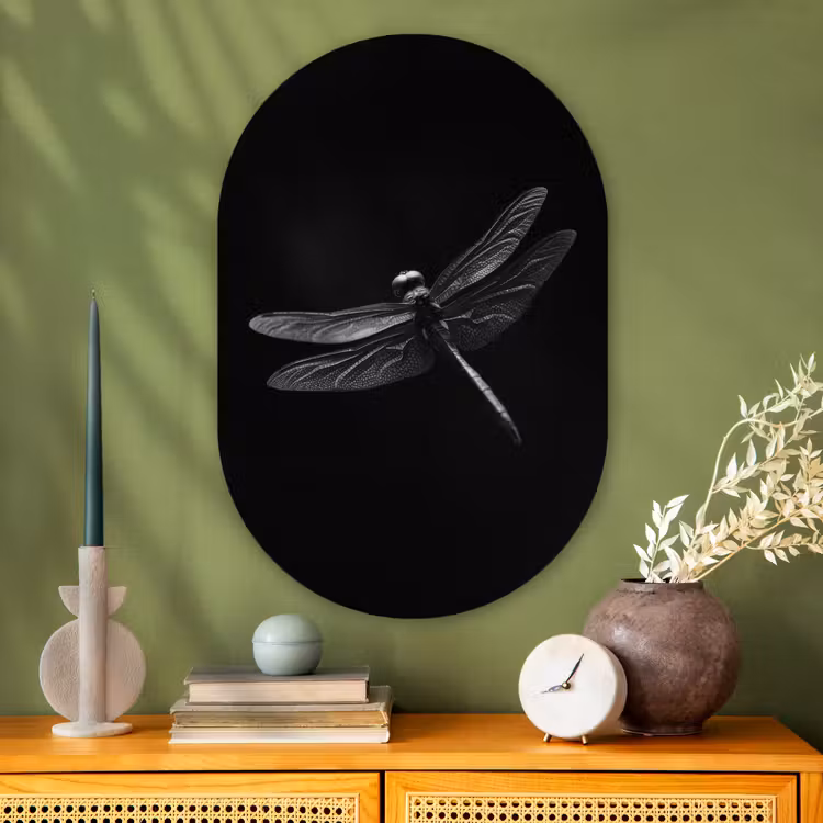 Libelle - Dieren - Zwart - Insect Wandcirkel Ovaal Glas middel -sfeer2