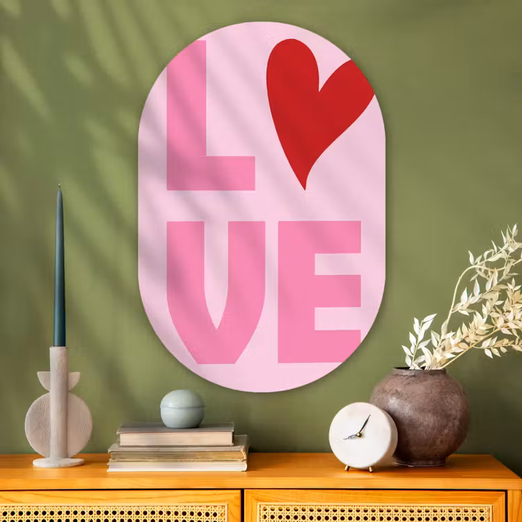 Love - Roze - Hart - Valentijn Wandcirkel Ovaal Glas middel -sfeer2