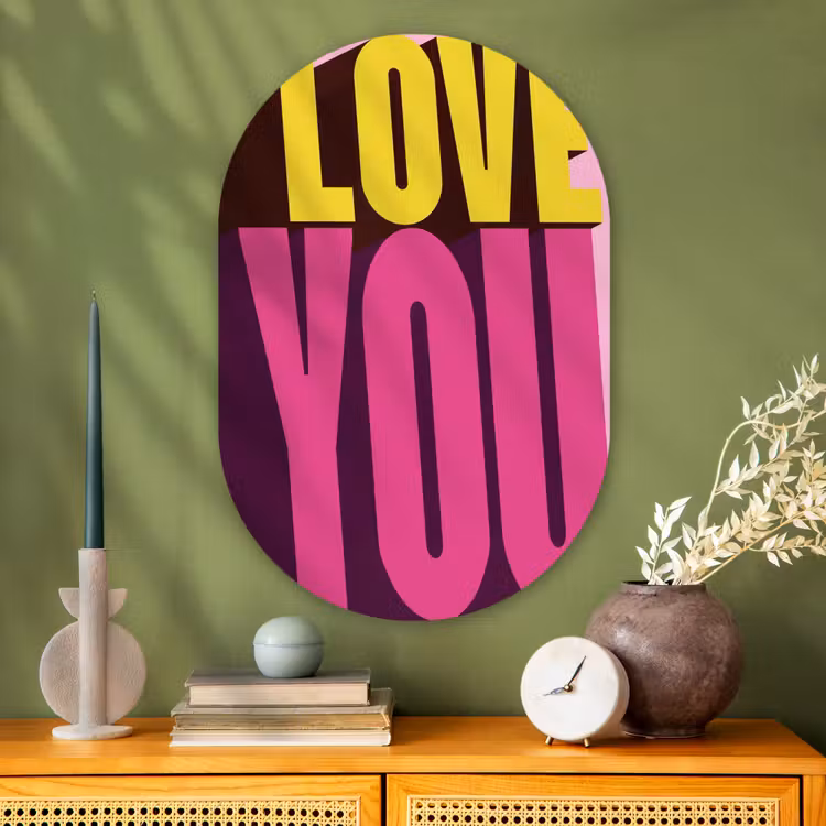 Love - Tekst - Roze - Valentijn Wandcirkel Ovaal Glas middel -sfeer2