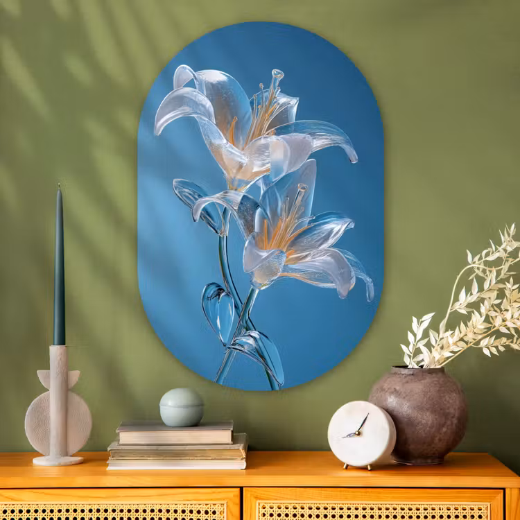 Lelies - Blauw - Glazen Wandcirkel Ovaal Glas middel -sfeer2