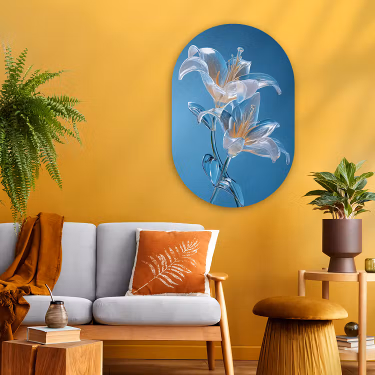 Lelies - Blauw - Glazen Wandcirkel Ovaal Glas middel -sfeer4