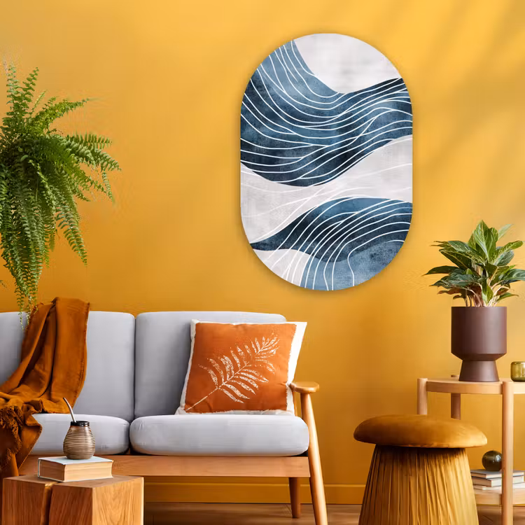 Lijnen - Golven - Abstract - Blauw Wandcirkel Ovaal Glas middel -sfeer4