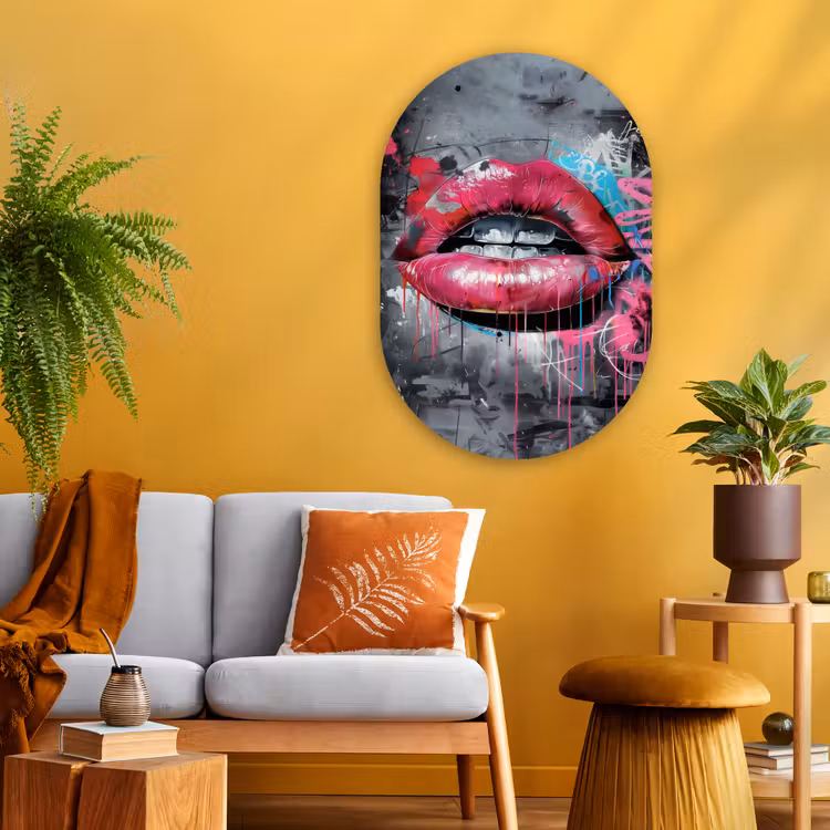 Lippen - Felroze - Graffiti - Verfstrepen Wandcirkel Ovaal Glas middel -sfeer4