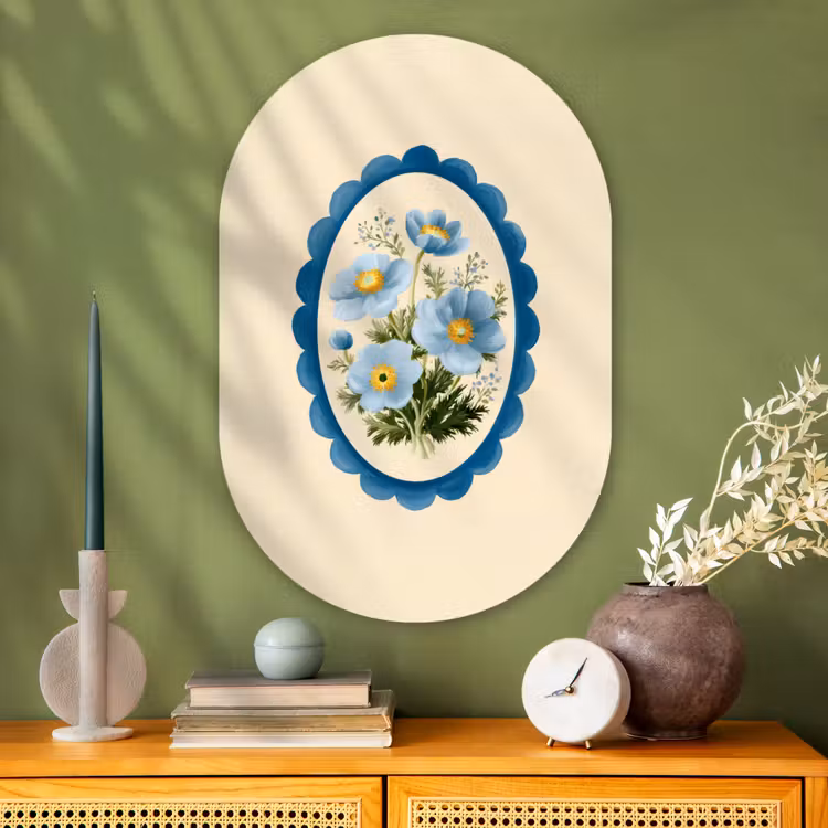 Lijst - Bloemen - Lichtblauw - Illustratie Wandcirkel Ovaal Glas middel -sfeer2