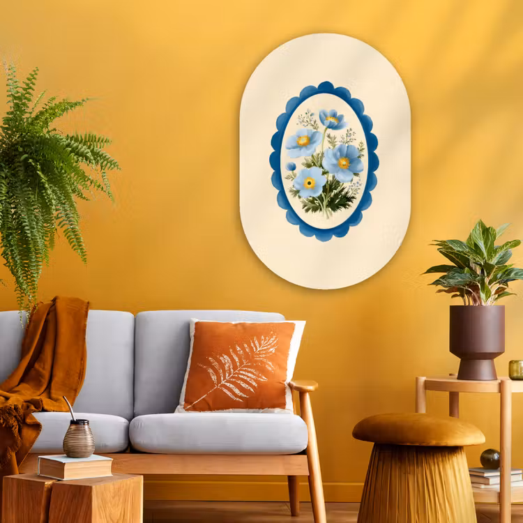 Lijst - Bloemen - Lichtblauw - Illustratie Wandcirkel Ovaal Glas middel -sfeer4