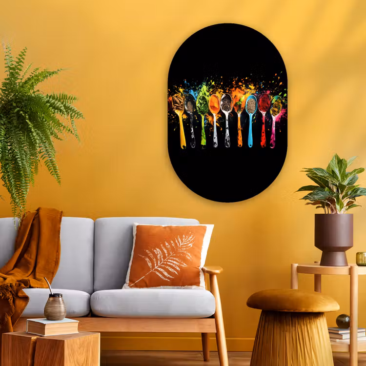 Lepels - Kruiden - Modern - Graffiti - Verf - Kleurrijk Wandcirkel Ovaal Glas middel -sfeer4