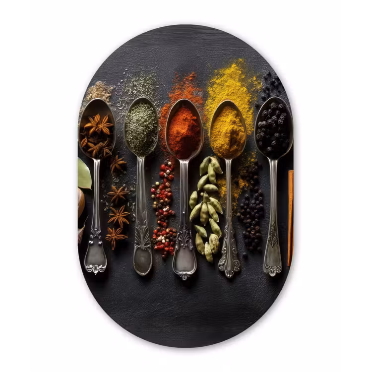 Lepels - Specerijen - Kaneel - Chili Wandcirkel Ovaal Glas middel -3d