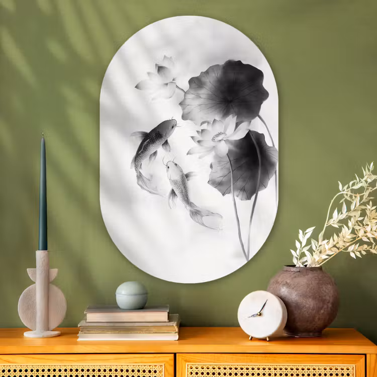 Lotusbloemen - Vissen - Bladeren - Zwart Wandcirkel Ovaal Glas middel -sfeer2