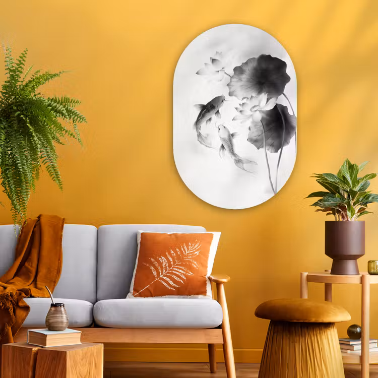 Lotusbloemen - Vissen - Bladeren - Zwart Wandcirkel Ovaal Glas middel -sfeer4