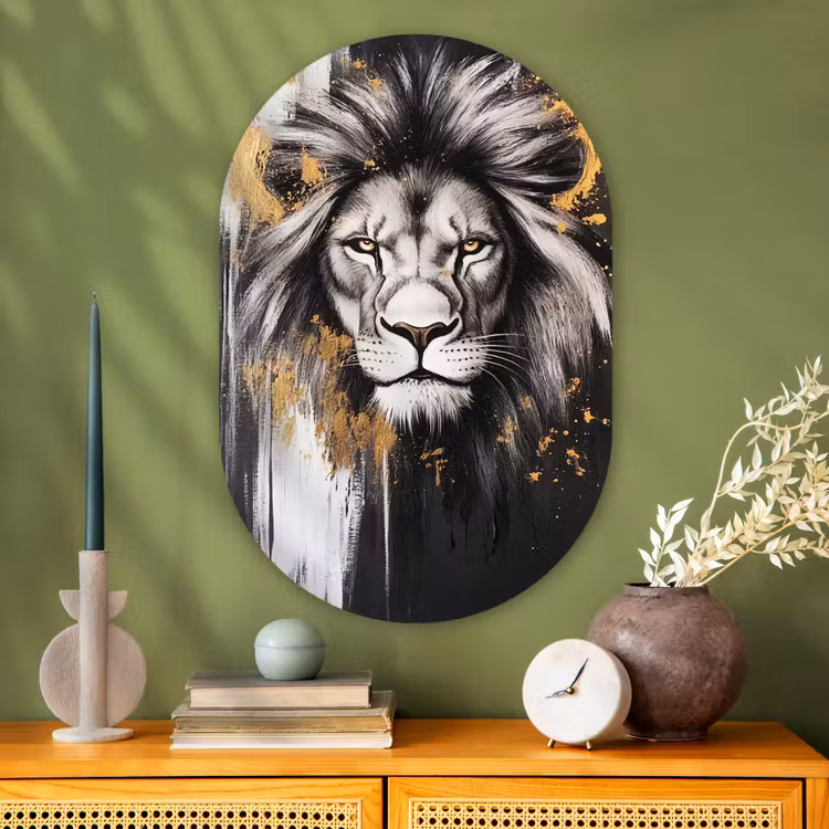 Leeuw - Portret - Verfspatten - Grijs Wandcirkel Ovaal Glas middel -sfeer2