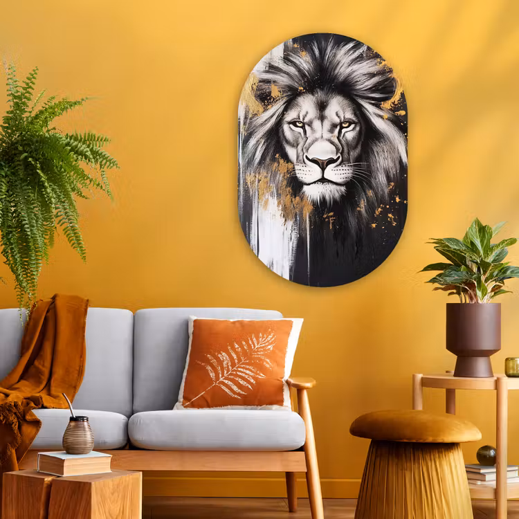 Leeuw - Portret - Verfspatten - Grijs Wandcirkel Ovaal Glas middel -sfeer4