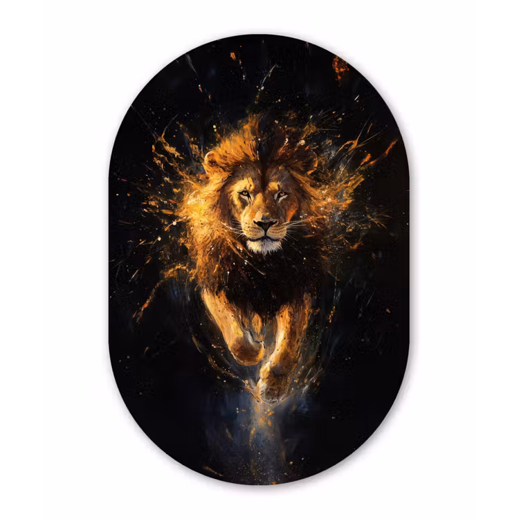 Leeuw - Zwart - Oranje - Verf Wandcirkel Ovaal Glas middel -3d