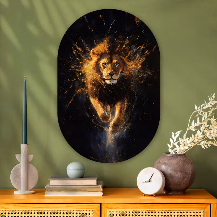 Leeuw - Zwart - Oranje - Verf Wandcirkel Ovaal Glas middel -sfeer2