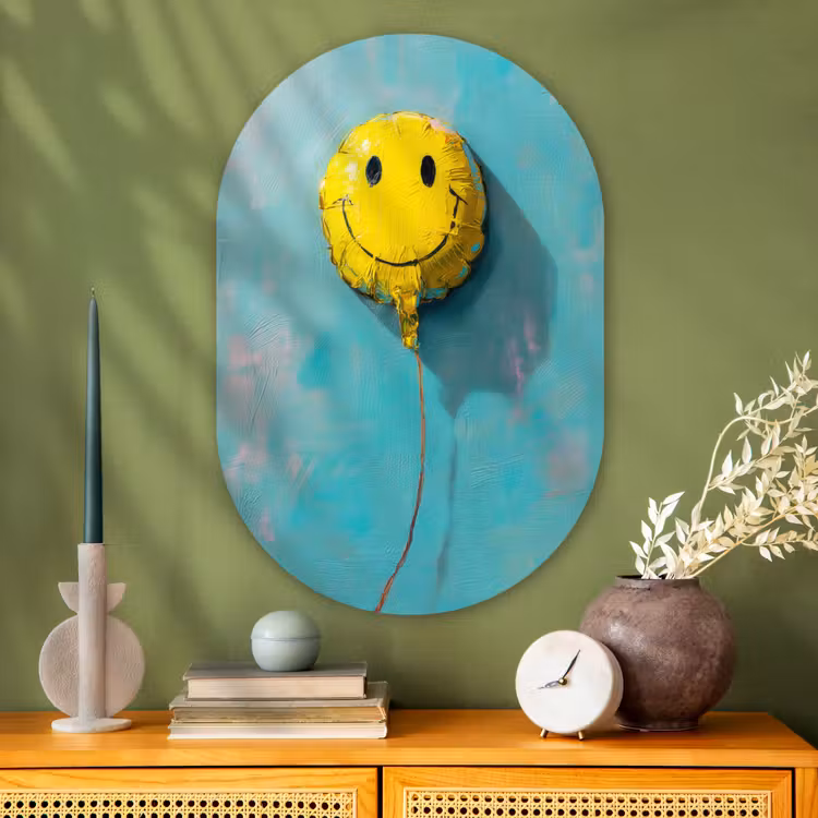 Ballon - Geel - Smiley Wandcirkel Ovaal Glas middel -sfeer2