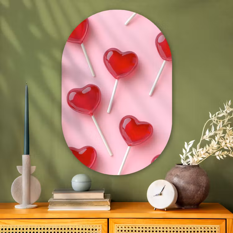 Lollies - Hartjes - Roze Wandcirkel Ovaal Glas middel -sfeer2