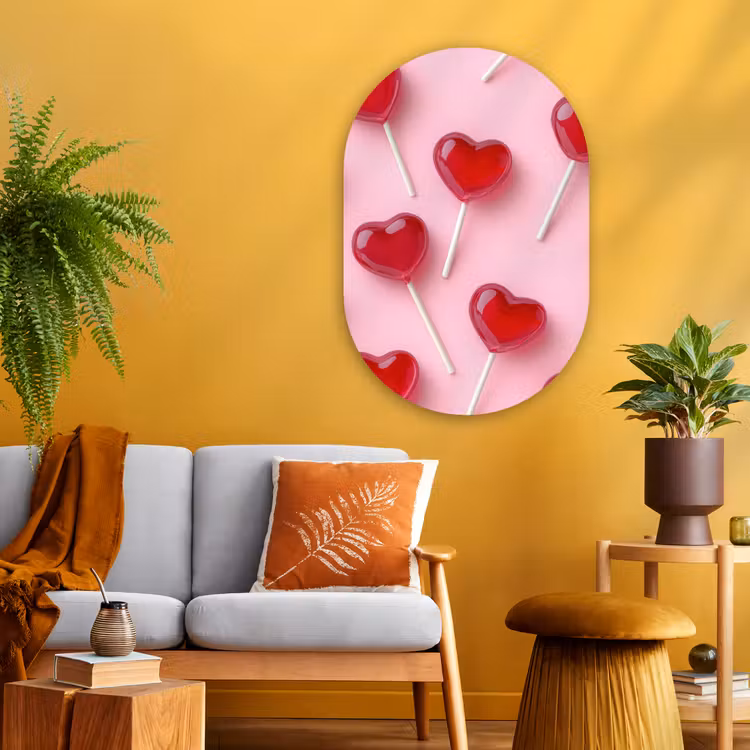 Lollies - Hartjes - Roze Wandcirkel Ovaal Glas middel -sfeer4
