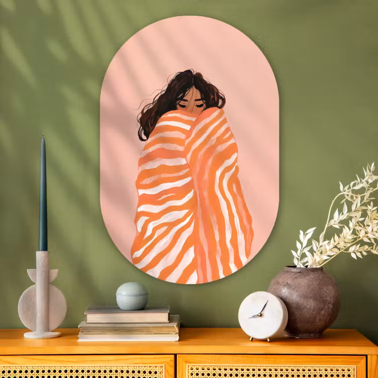 Meisje - Deken - Gestreept - Oranje Wandcirkel Ovaal Glas middel -sfeer2