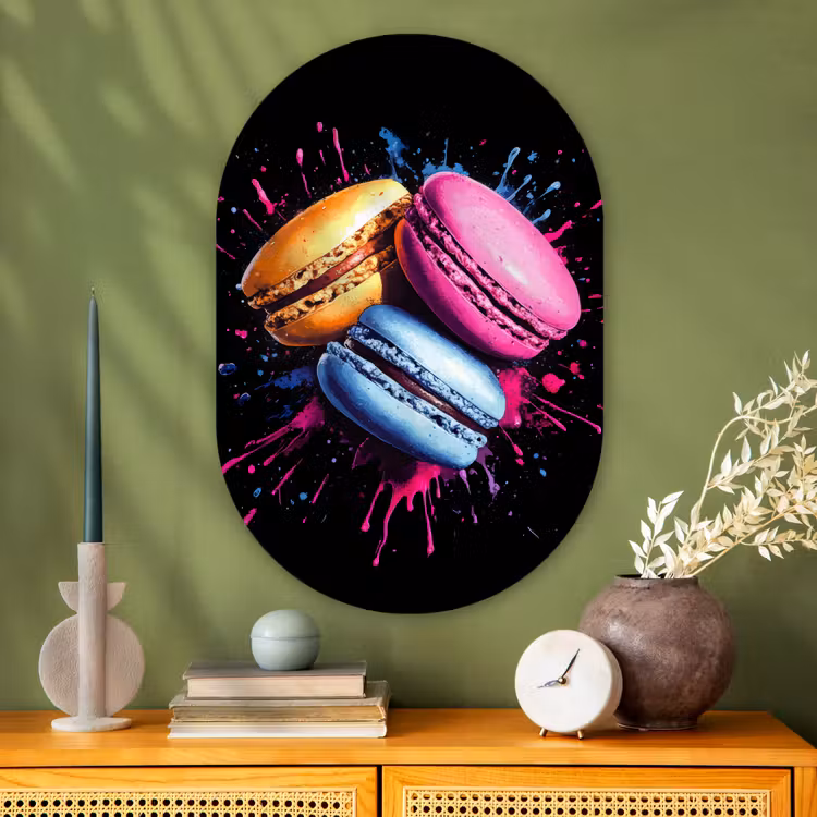 Macarons - Dessert - Graffiti - Kleurrijk - Roze - Blauw - Geel Wandcirkel Ovaal Glas middel -sfeer2