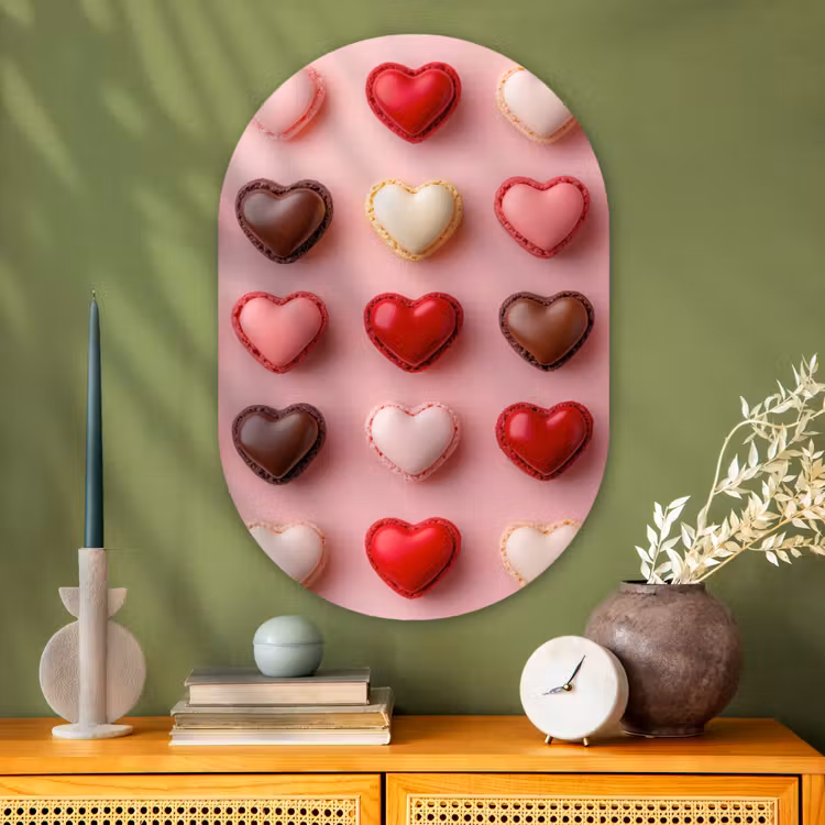 Macarons - Hartjes - Kleurrijk - Roze Wandcirkel Ovaal Glas middel -sfeer2