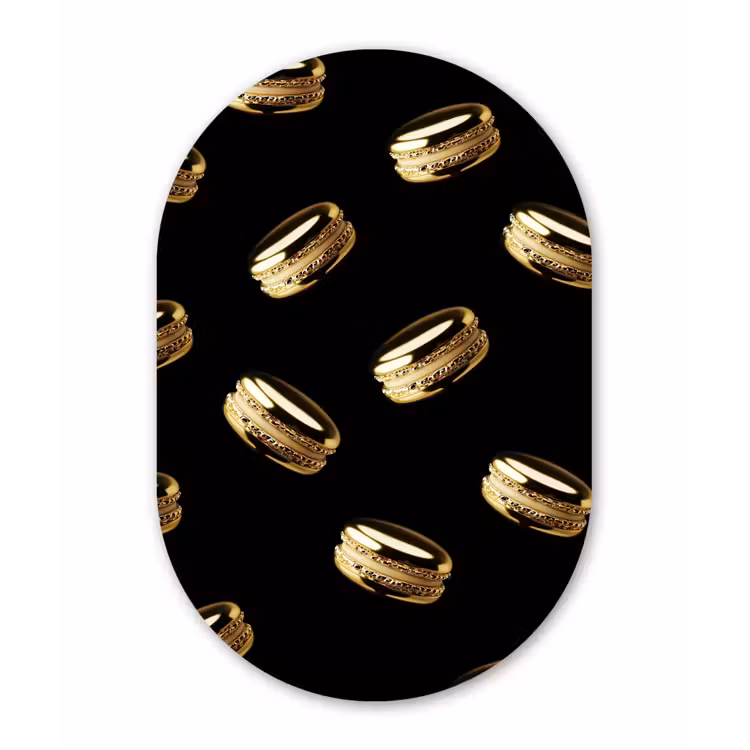 Macarons - Patroon - Goud - Zwart Wandcirkel Ovaal Glas middel -3d