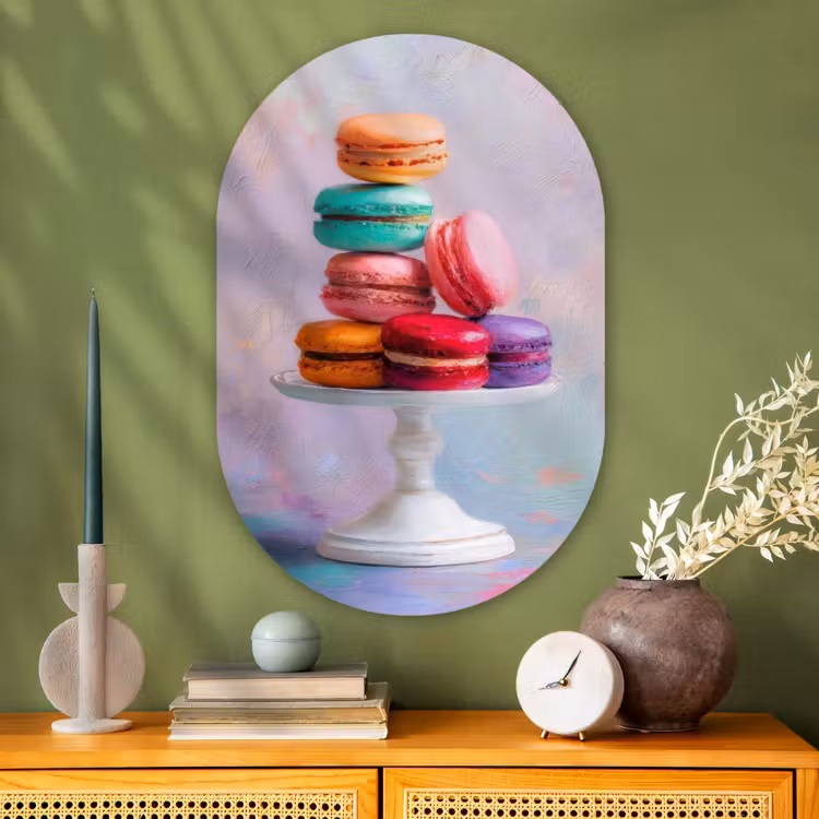 Macarons - Schaal - Pastel - Kleurrijk Wandcirkel Ovaal Glas middel -sfeer2