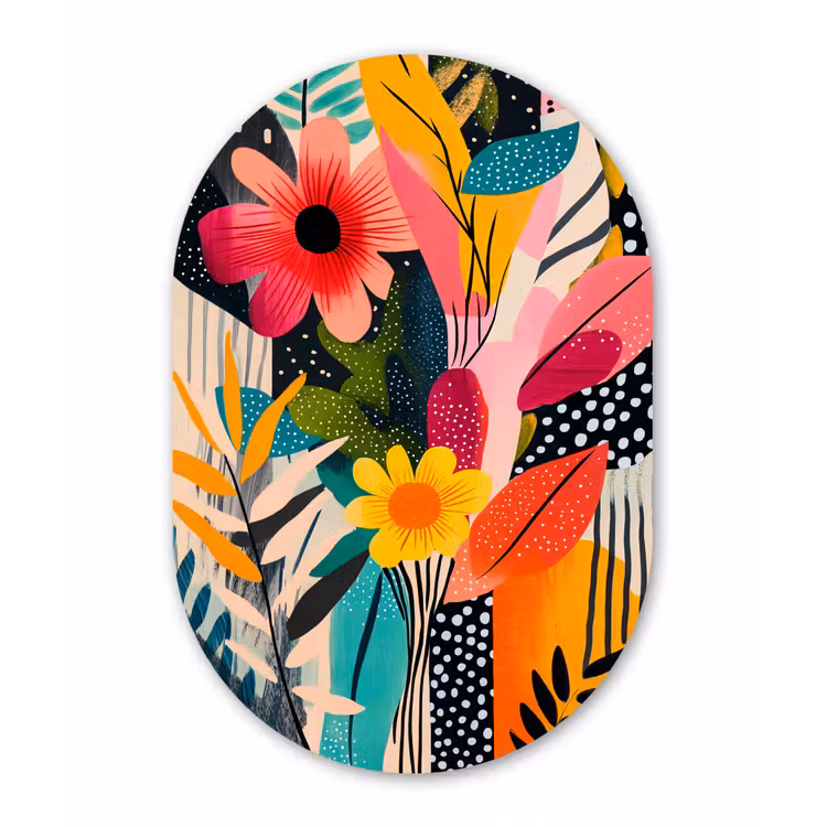 Schilderij - Abstract - Bloemen - Roze Wandcirkel Ovaal Glas middel -3d
