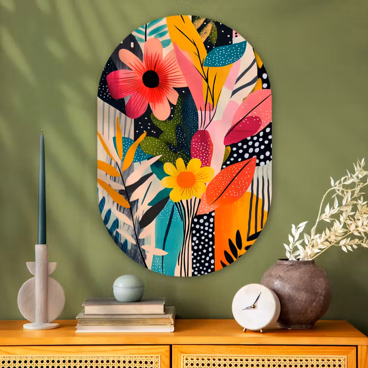 Schilderij - Abstract - Bloemen - Roze Wandcirkel Ovaal Glas middel -sfeer2