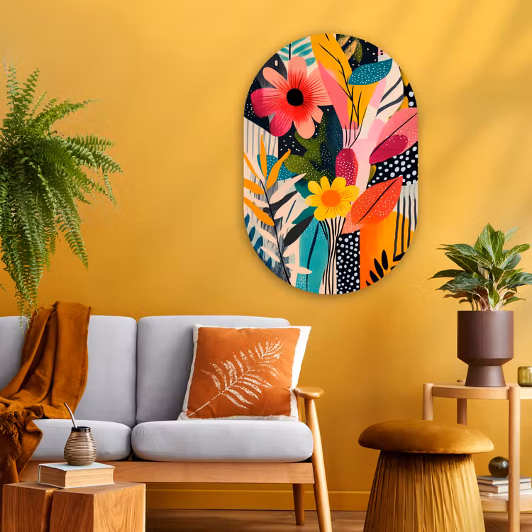 Schilderij - Abstract - Bloemen - Roze Wandcirkel Ovaal Glas middel -sfeer4