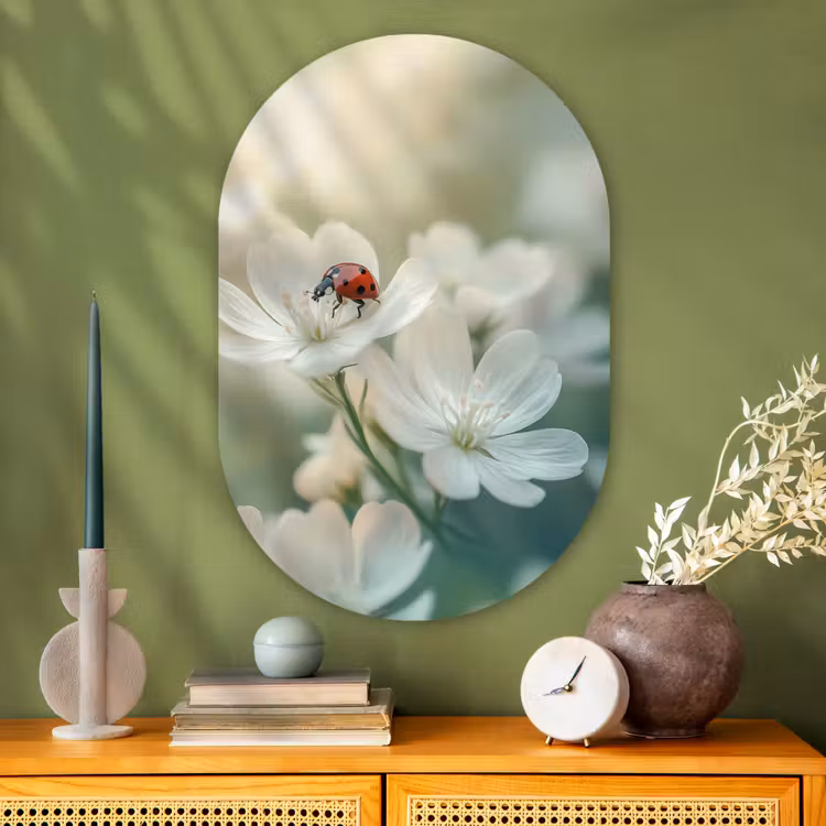 Lieveheersbeestje - Bloemen - Wit Wandcirkel Ovaal Glas middel -sfeer2