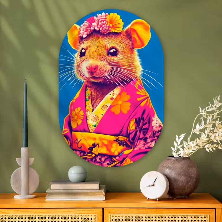 Muis - Kimono - Bloemen - Blauw Wandcirkel Ovaal Glas middel -sfeer2