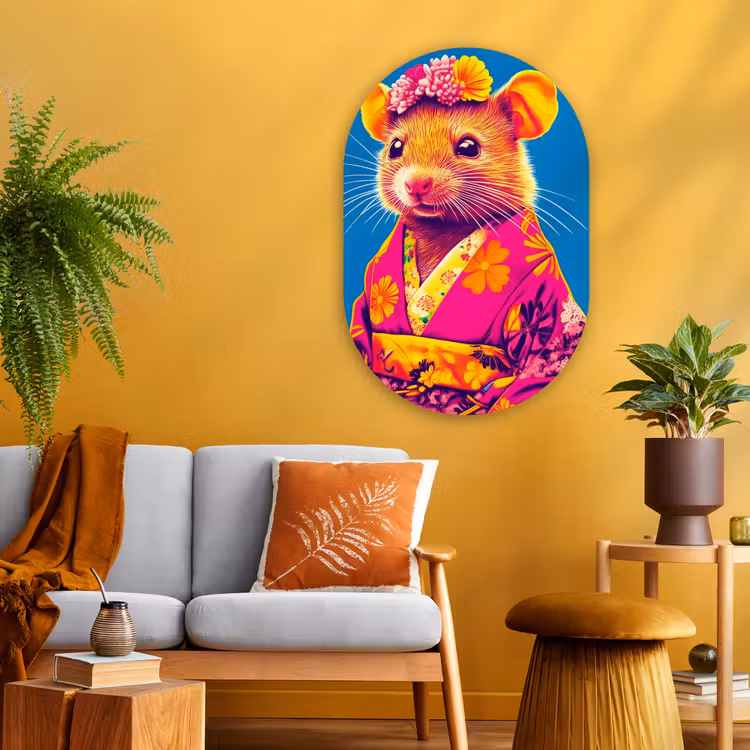 Muis - Kimono - Bloemen - Blauw Wandcirkel Ovaal Glas middel -sfeer4